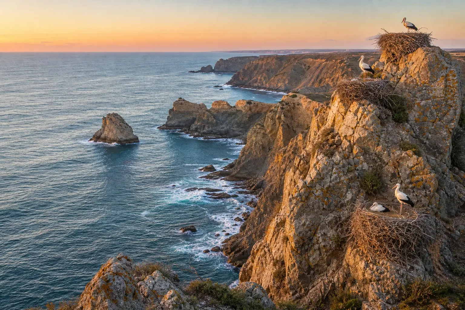 Cabo Sardao cliffs with stork nests on the rocks