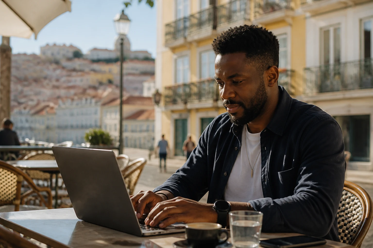 Working on a laptop at a sunny cafe terrace in Portugal