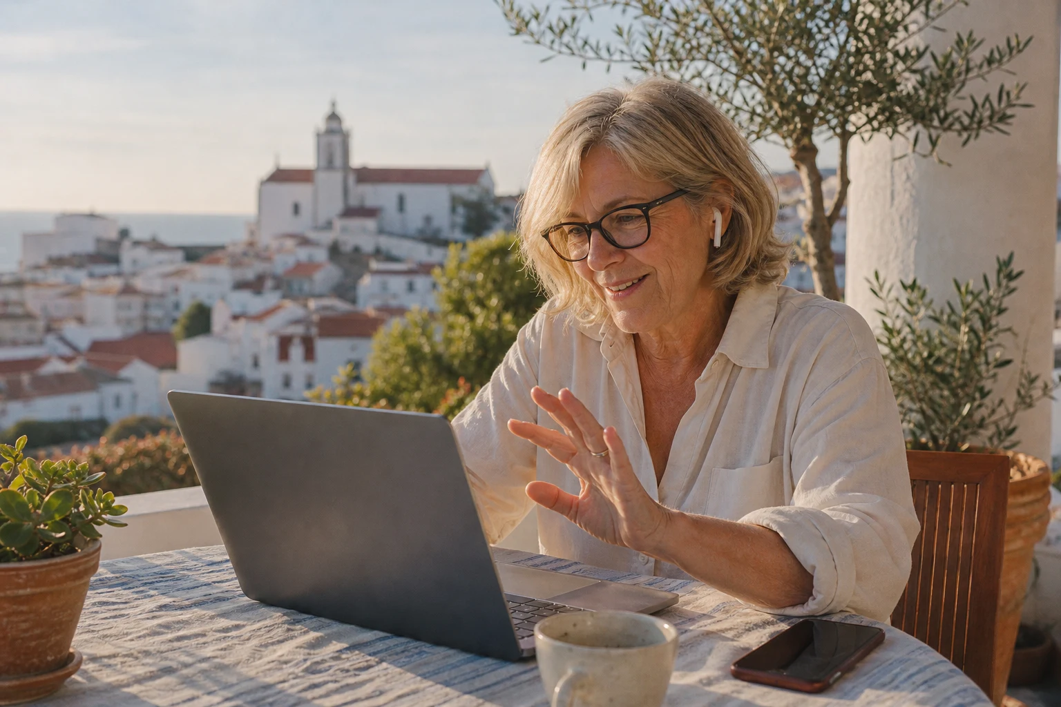 On a laptop video call at a sunny terrace in Portugal