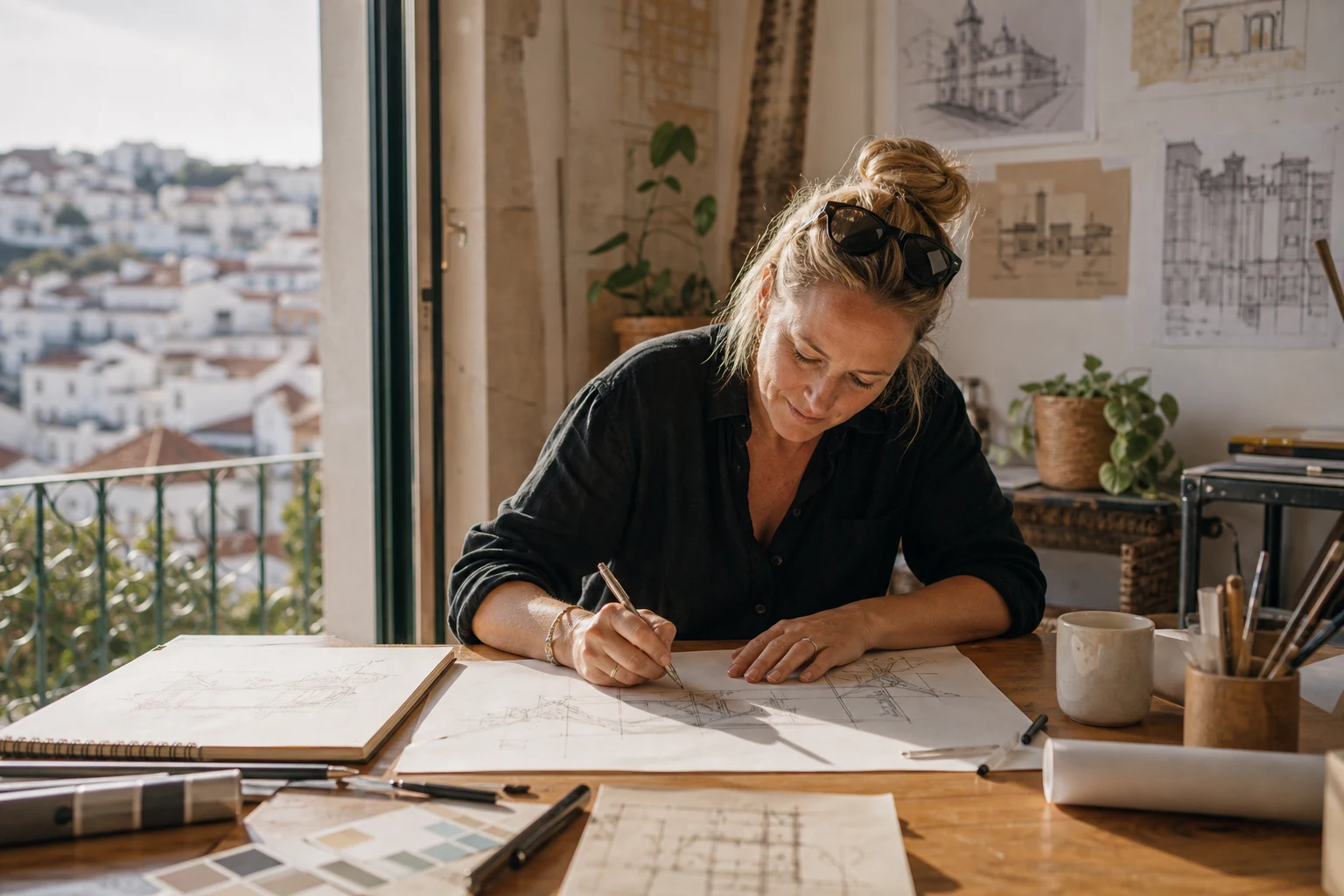Sketching at a bright design studio desk in Portugal