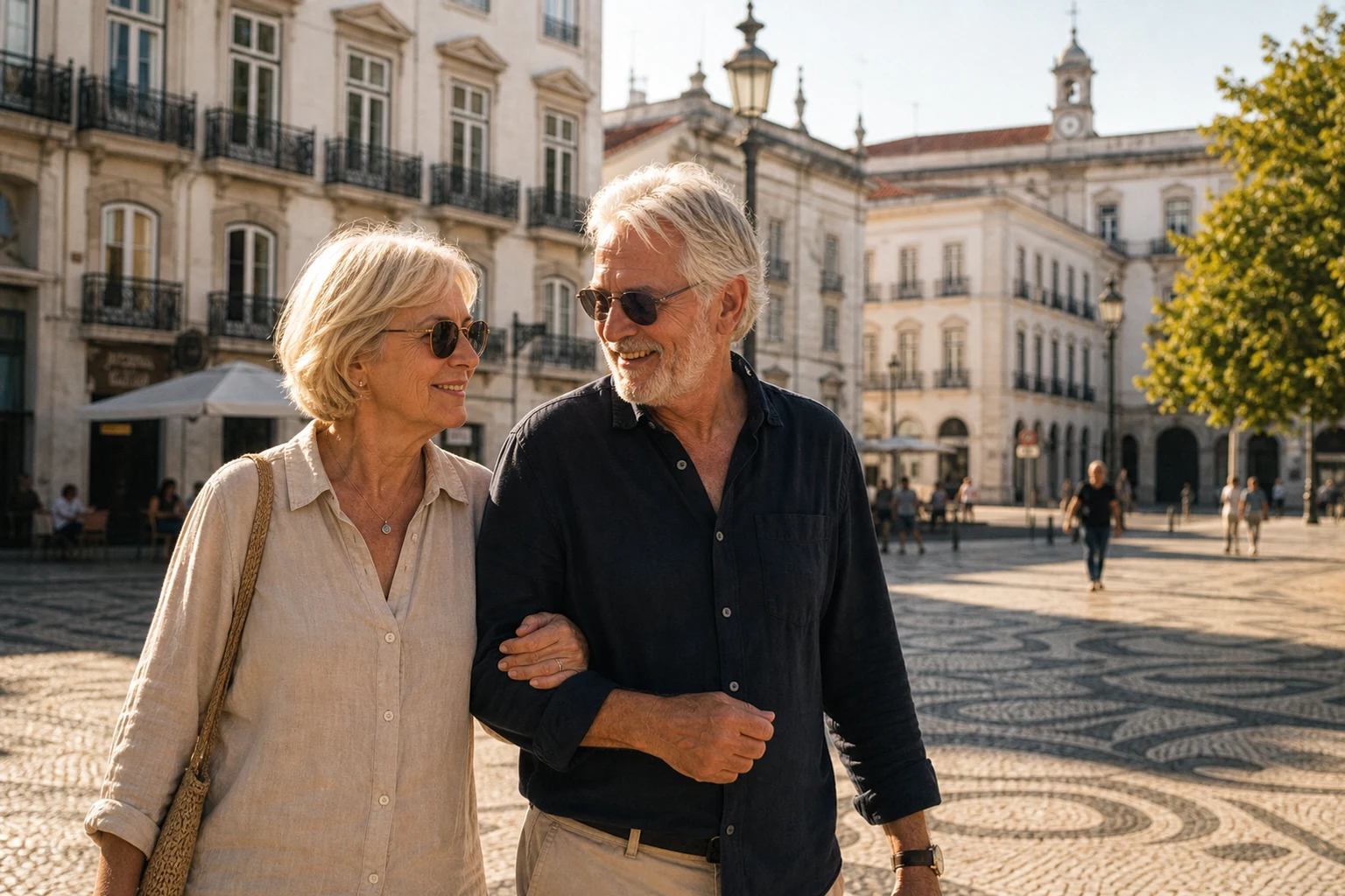 Walking arm in arm across a sunlit town square in Portugal