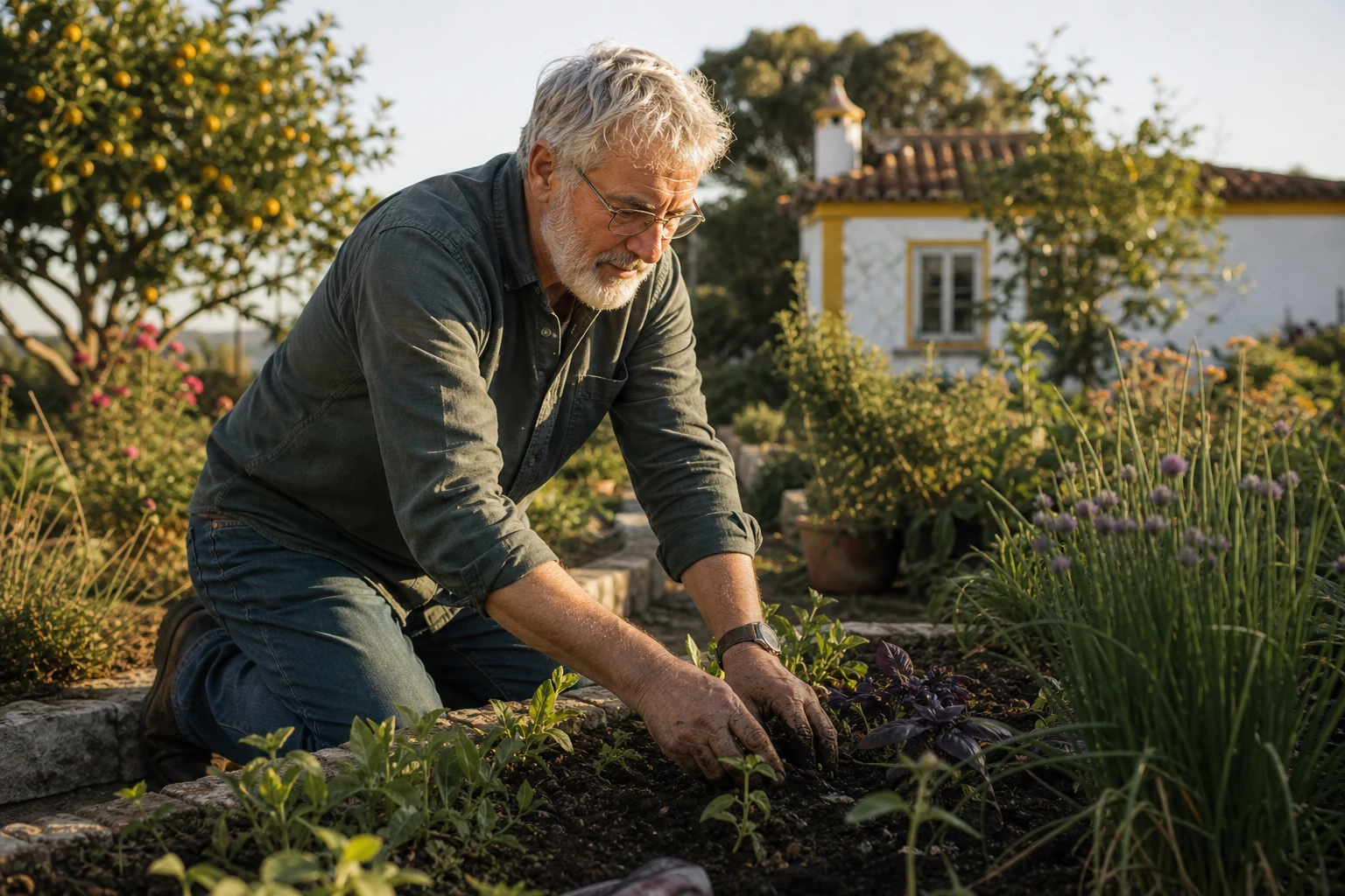 Tending plants with hands in the soil in a sunny garden in Portugal