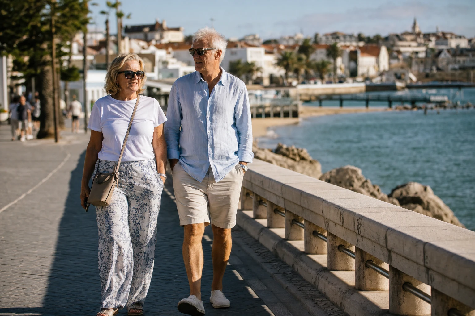 Strolling a sunny coastal promenade in Portugal