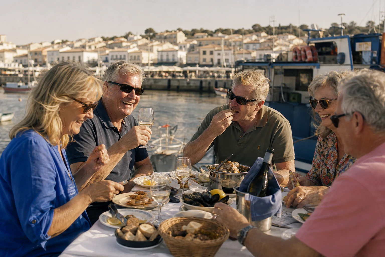 Sharing a seafood lunch at a harbourside table in Portugal