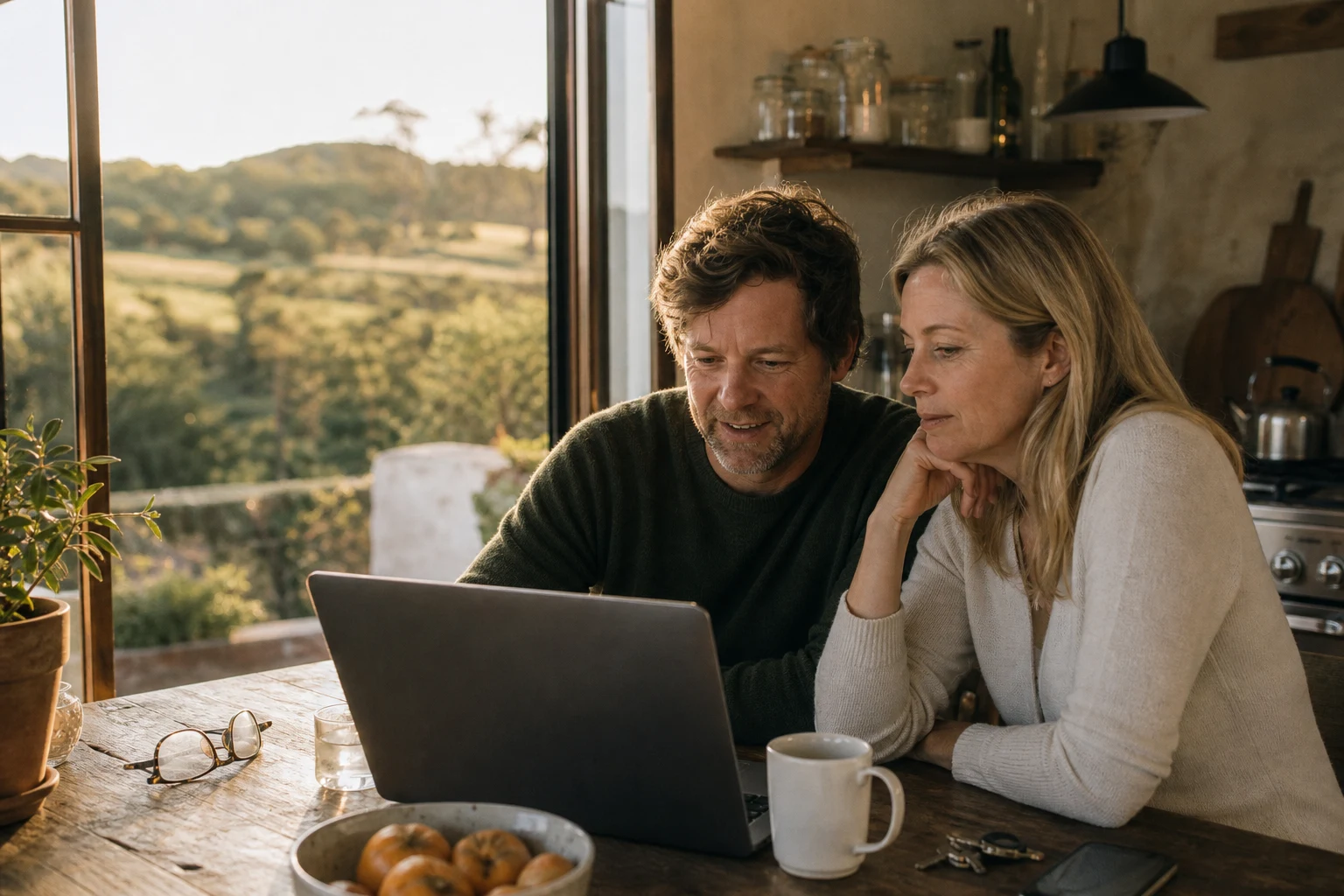 Looking at a laptop together at a kitchen table in Portugal