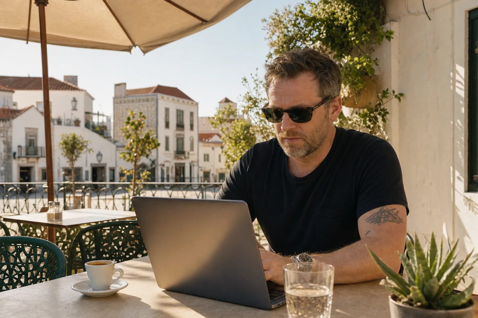 Working on a laptop at a sunny cafe terrace in Portugal