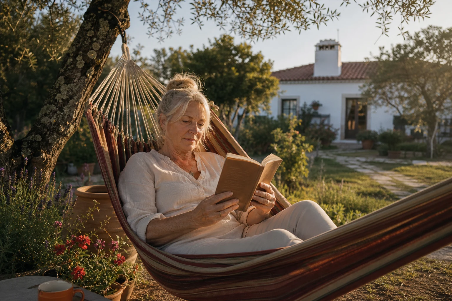 Reading a book in a hammock in a quinta garden in Portugal