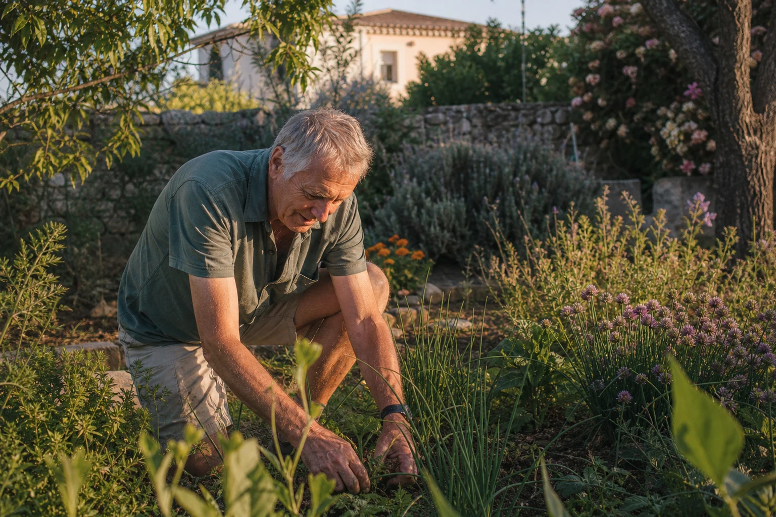 Tending plants with hands in the soil in a sunny garden in Portugal