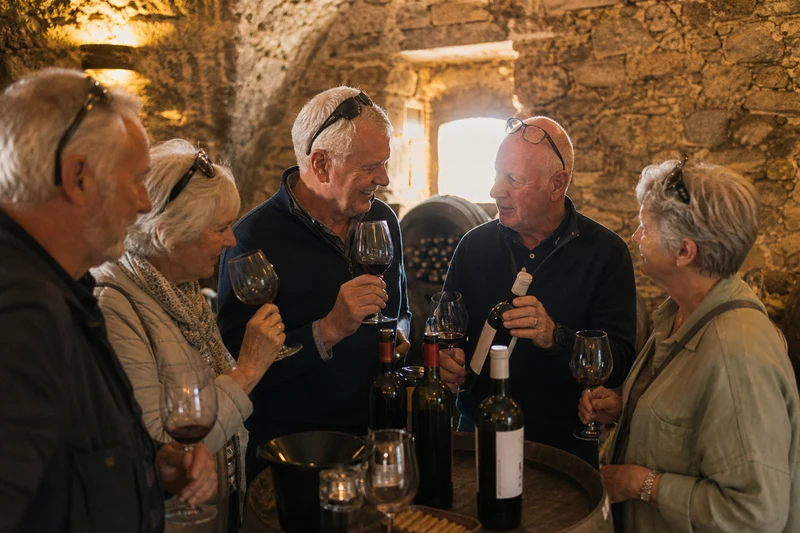Tasting wine in a stone cellar in Portugal