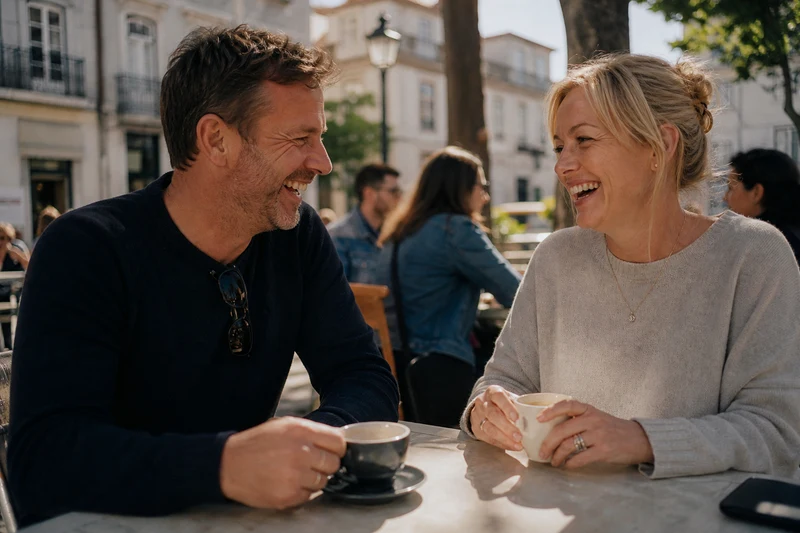 Laughing over coffee at a cafe terrace in Portugal