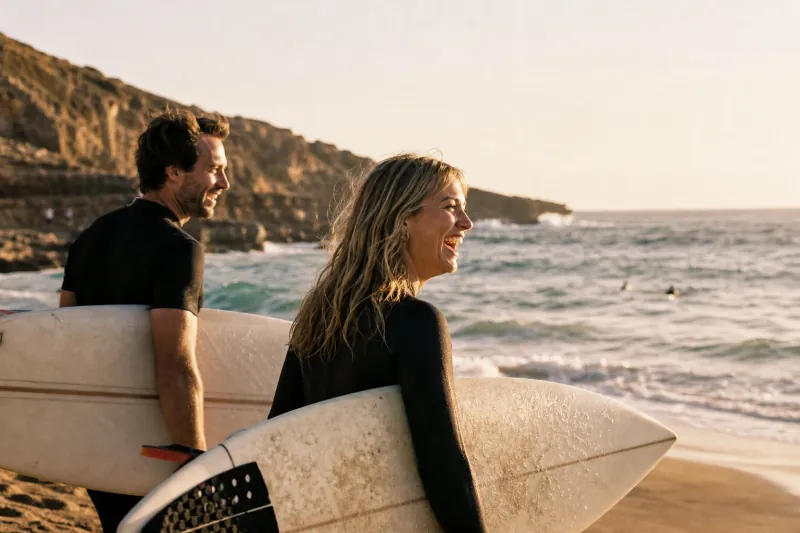 Carrying surfboards and laughing toward the water in Portugal