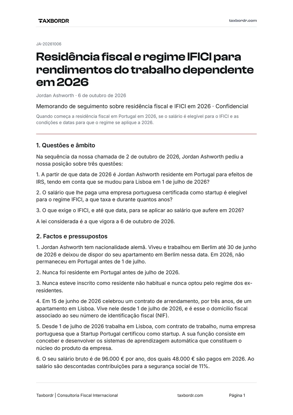 Primeira página do memorando de exemplo