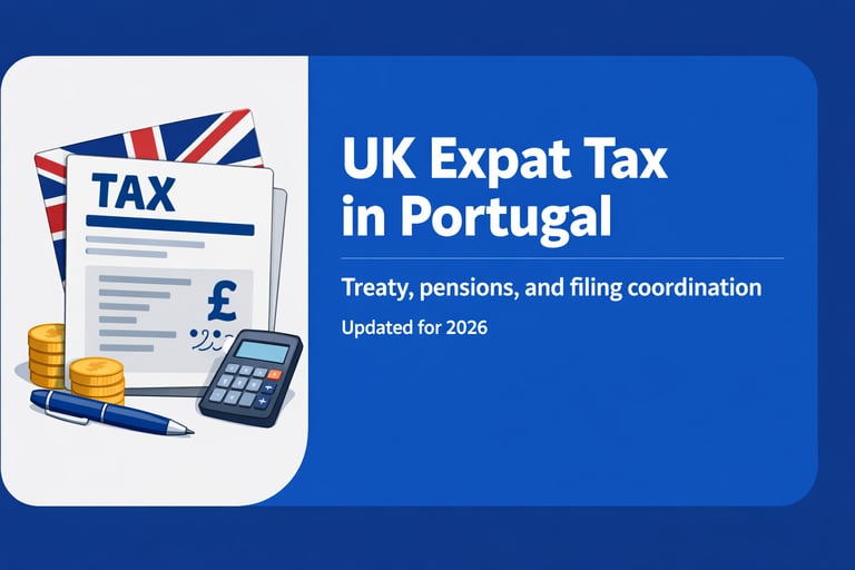 UK Expat Tax in Portugal cover image with tax form and pound sterling symbols
